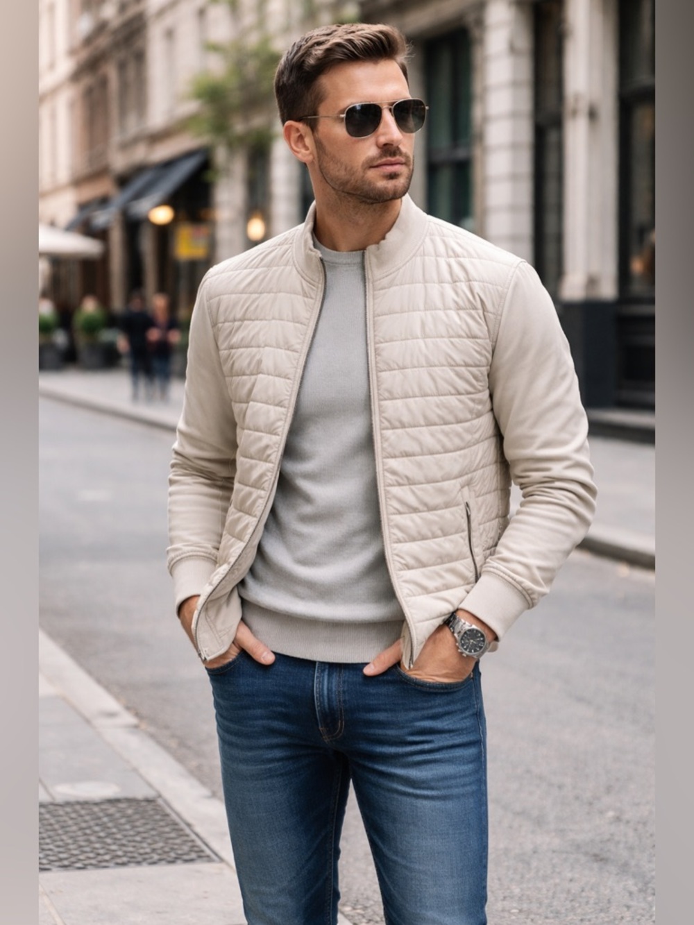 TAHARI MEN'S Light Beige Quilted Puffer Jacket M